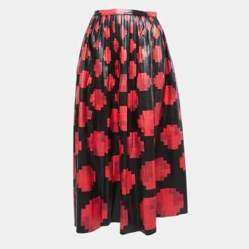Pre Owned Marni Black & Red Pixel Printed faux Leather Plisse Midi Skirt M