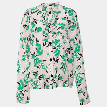 Pre Owned Marni Pale Pink Floral Print Silk Ruffled Blouse M