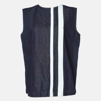 Pre Owned Marni Dark Blue Striped Cotton & Linen Sleeveless Top M