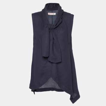 Pre Owned Marni Midnight Blue Crepe Draped Collar Sleeveless Top S