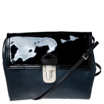 Pre Owned Marni Navy Blue/Black Leather and Patent Leather Flap Crossbody Bag