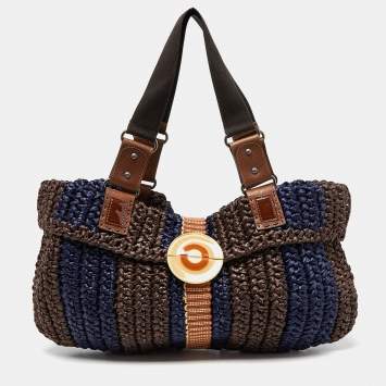 Pre Owned Marni Brown/Blue Woven Straw and Leather Round Lock Tote