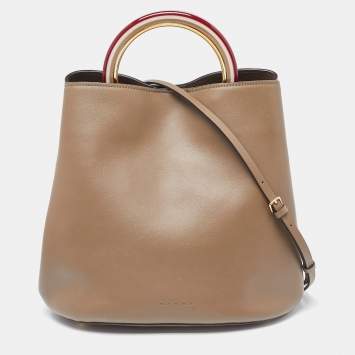 Pre Owned Marni Olive Green Leather Pannier Bucket Bag