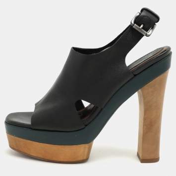 Pre Owned Marni Black Leather Wooden Platform Slingback Sandals Size 37
