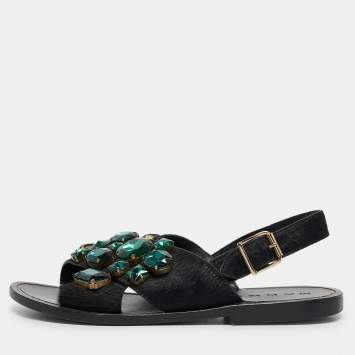 Marni Black Calf Hair Embellished Flat Slingback Sandals Size 37