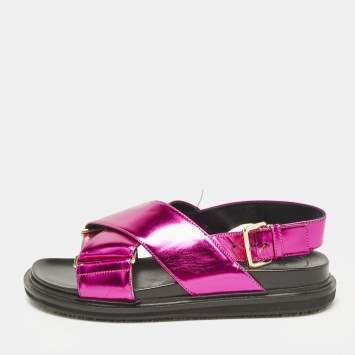 Marni Metallic Pink Leather Fussbett Crisscross Slingback Flat Sandals Size 38