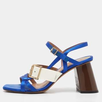 Marni Blue/Cream Patent Leather and Satin Ankle Strap Sandals Size 36