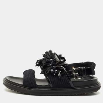 Marni Black Fabric and Patent Embellished Flat Slingback Sandals Size 38