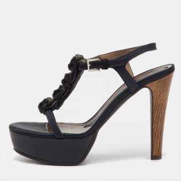 Pre Owned Marni Black/Green Satin and Fabric Platform Ankle Strap Sandals Size 39