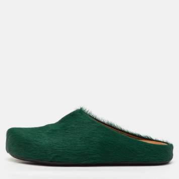 Pre Owned Marni Dark Green Calf Hair Fussbett Sabot Flat Mules Size 42