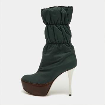 Pre Owned Marni Size 36 Dark Green/Brown Puffer Nylon Mid Calf Platform Boots