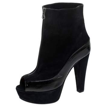 Pre Owned Marni Black Suede And Patent Leather Peep Toe Boots Size 37.5