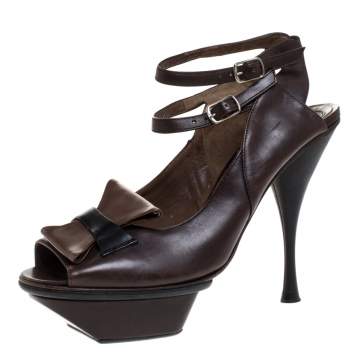 Pre Owned Marni Brown Leather Ankle Strap Platform Sandals Size 38.5
