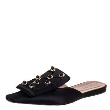 Pre Owned Marni Black Satin Embellished Mules Size 39