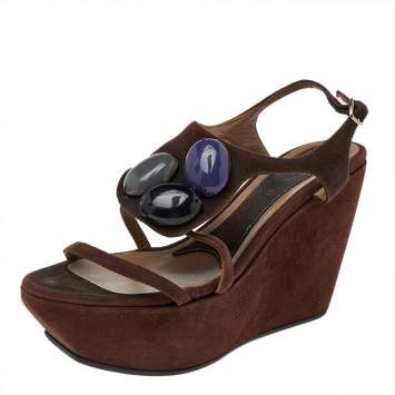 Pre Owned Marni Brown Suede Embellished Wedge Platform Ankle Strap Sandals Size 36