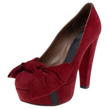 Pre Owned Marni Red Suede Bow Platform Pumps Size 37
