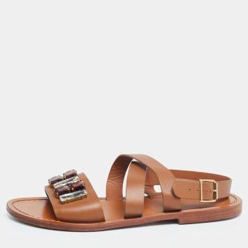 Pre Owned Marni Tan Leather Jewel Embellished Flat Sandals Size 41