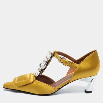 Pre Owned Marni Yellow Satin Crystal Embellished T-Bar Pumps Size 36