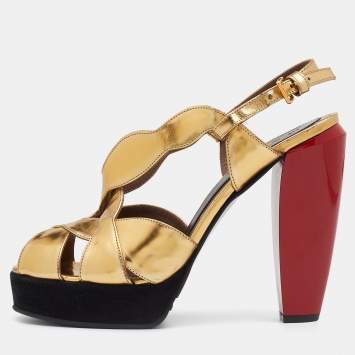 Pre Owned Marni Metallic Gold Leather Peep Toe Platform Sandals Size 39