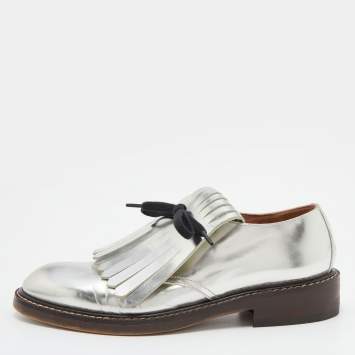 Pre Owned Marni Silver Patent Leather Fringed Derby Size 37