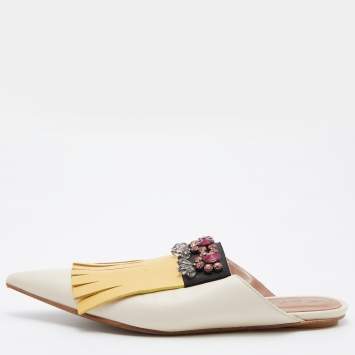 Pre Owned Marni Tri Color Leather Crystal Embellished Flat Mules Size 38