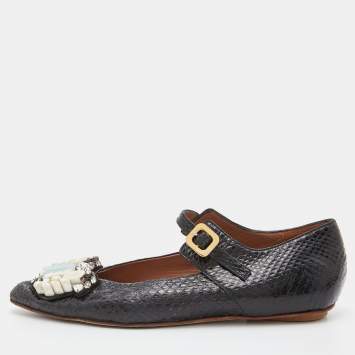 Pre Owned Marni Black Watersnake Leather Crystal Embellished Ballet Flats Size 37