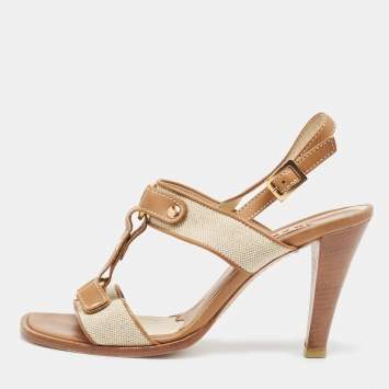 Pre Owned Marni Tan/Off-White Canvas And Leather T-Strap Sandals Size 39