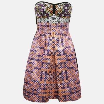 Pre Owned Mary Katrantzou Pink Sequin Print Spiro Jacquard Strapless Mini Dress M