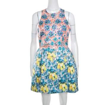 Pre Owned Mary Katrantzou Bejeweled Bow Print Silverfloss Ohara Cocktail Dress M