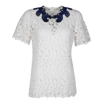 Pre Owned Mary Katrantzou White Paisley Guipure Lace Contrast Applique Birk Top M 
