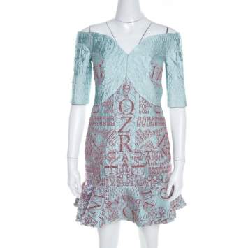  Mary Katrantzou Mint Blue Jacquard and Glitter De Beau Cocktail Dress M 