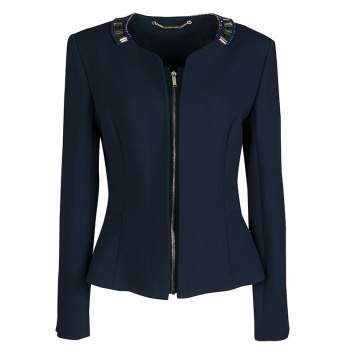 Pre Owned Matthew Williamson Navy Blue Embellished Neck Detail Zip Front Jacket M