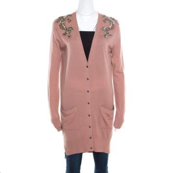 Matthew Williamson Caramel Brown Wool Cashmere Embellished Button Front Cardigan S