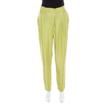 Pre Owned Matthew Williamson Pastel Green Patterned Jacquard Silk Pleat Front Trousers M