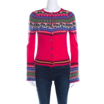 Pre Owned Matthew Williamson Pink Fair Isle Patterned Wool Button Front Cardigan S
