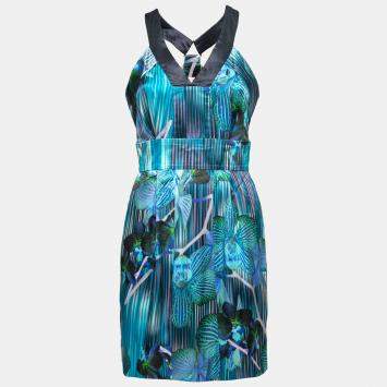 Pre Owned Matthew Williamson Blue Orchid and Stripe Print Silk Sleeveless Dress M