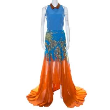 Pre Owned Matthew Williamson Blue & Orange Printed Chiffon Dress With Organza Top L