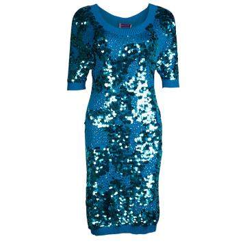 Pre Owned Matthew Williamson Turquoise Silk Rib Knit Embellished Dress M