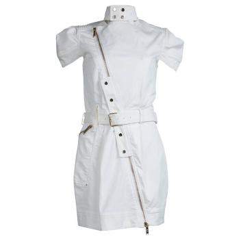 Pre Owned Mathew Williamson White Denim Overlap Zipper Belted Dress M