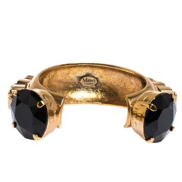 Pre Owned Mawi Black Crystal Gold Tone Open Cuff Chunky Statement Bracelet