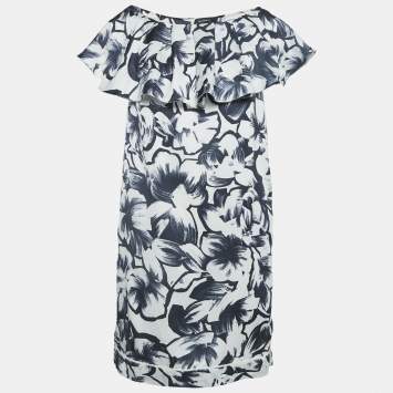 Pre Owned Max & Co. Navy Blue and White Floral Print Crepe Mini Dress M
