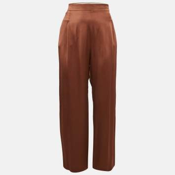 Pre Owned Max Mara Brown Satin Silk Flowing Envers Wide-Leg Trousers M