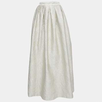 Pre Owned Max Mara Cream Lurex Floral Pattern Jacquard Long Skirt L