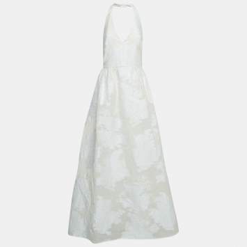 Pre Owned Max Mara White Lurex Jacquard Halter Neck Ermione Gown L