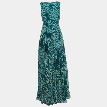 Pre Owned Max Mara Green Animal Printed Silk Sleeveless Maxi Dress S