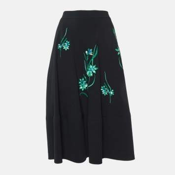 Pre Owned Max Mara Studio Black Crepe Floral Embellished Midi Skirt M