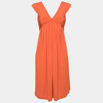 Pre Owned Max Mara Studio Orange Jersey Pleated Detail Sleeveless Midi Dress S