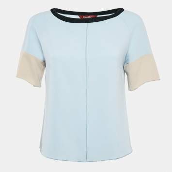 Max Mara Studio Blue Contrast Trim Crepe Short Sleeve Blouse M