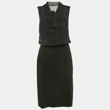 Pre Owned Max Mara Studio Black Silk and Jersey Ruffled Detail Midi Dress M