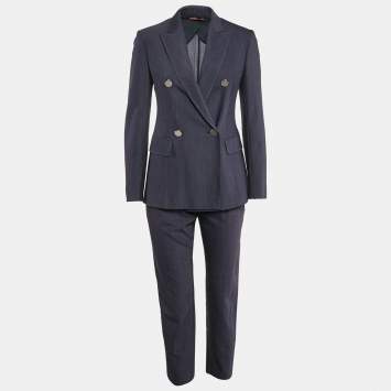 Pre Owned Max Mara Studio Blue Cotton Double Breasted Pants Suit S